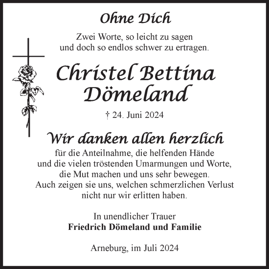 Traueranzeige von Christel Bettina Dömeland von Volksstimme Altmark Ost