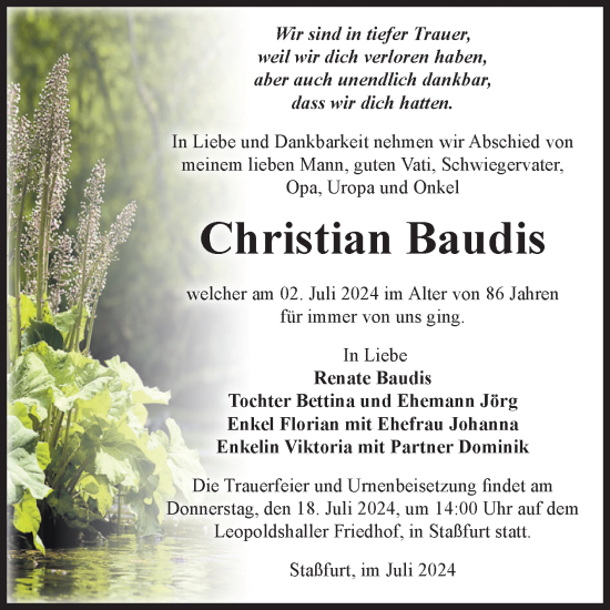 Traueranzeige von Christian Baudis von Volksstimme Staßfurt