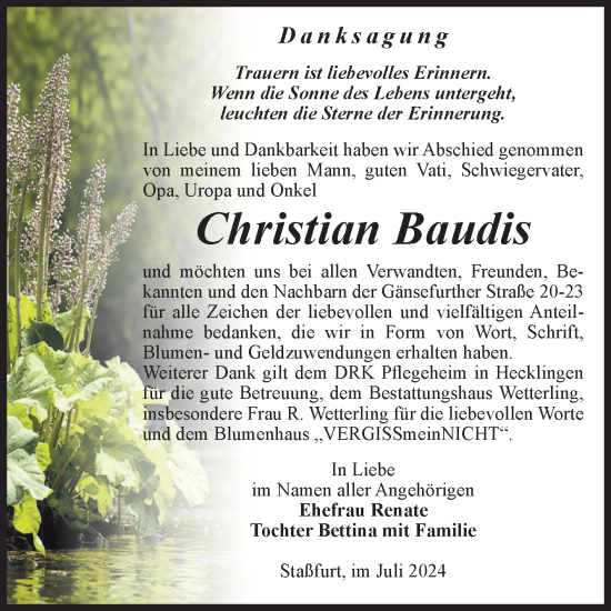 Traueranzeige von Christian Baudis von Volksstimme Staßfurt