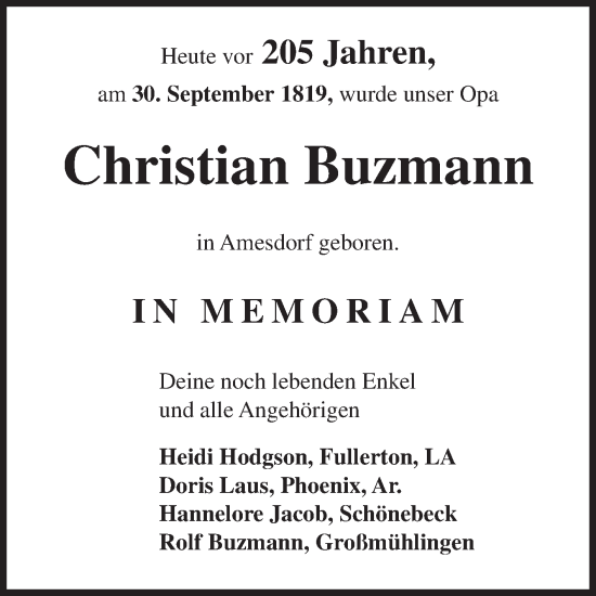 Traueranzeige von Christian Buzmann von Volksstimme Schönebeck