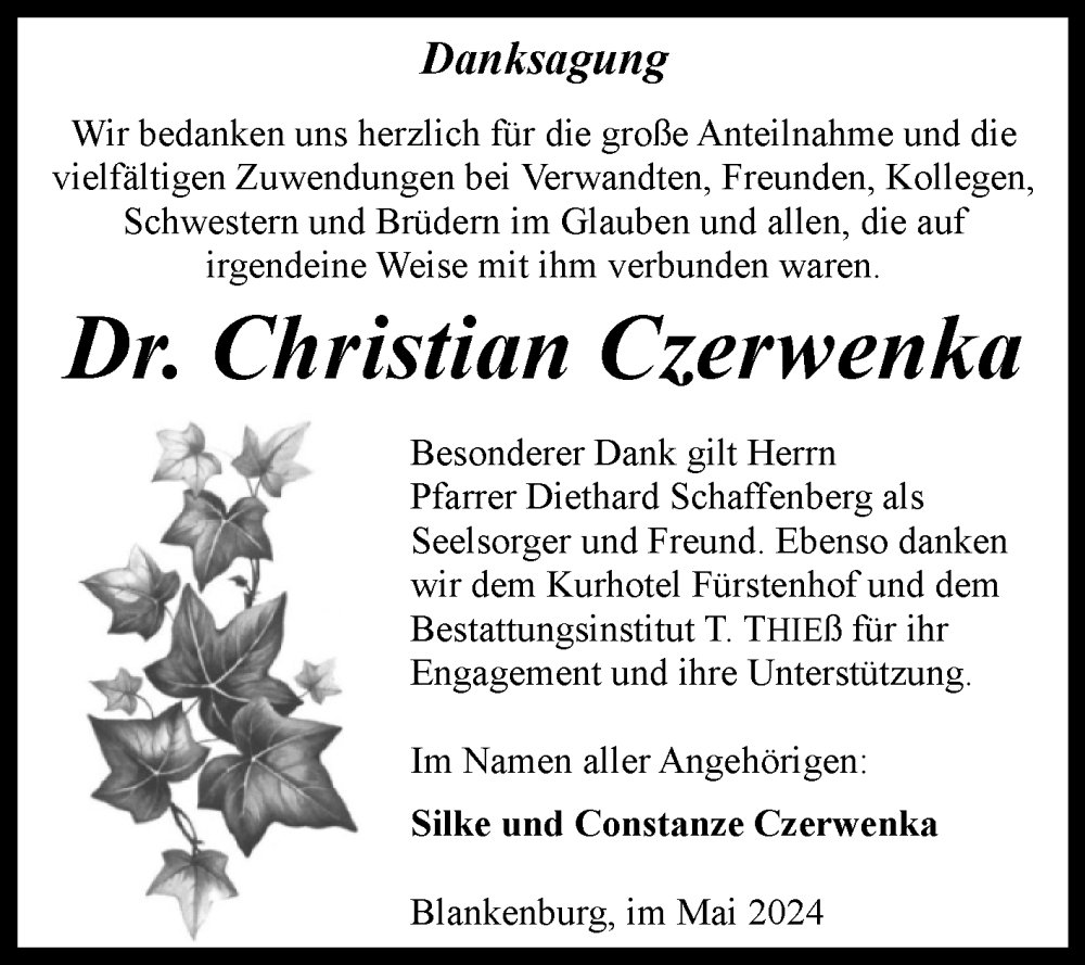  Traueranzeige für Christian Czerwenka vom 25.05.2024 aus Volksstimme Wernigerode