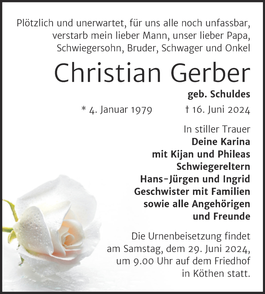  Traueranzeige für Christian Gerber vom 22.06.2024 aus Trauerkombi Köthen