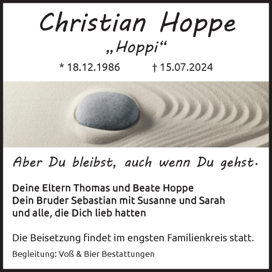 Traueranzeige von Christian Hoppe von Volksstimme Wernigerode