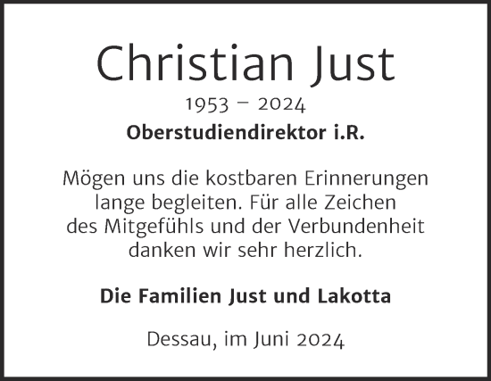 Traueranzeige von Christian Just von Trauerkombi Dessau