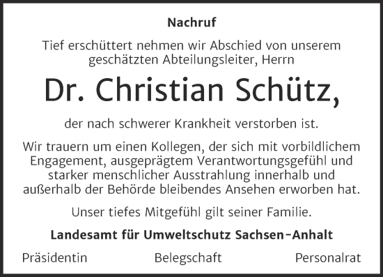 Traueranzeige von Christian Schütz von Mitteldeutsche Zeitung Halle/Saalkreis