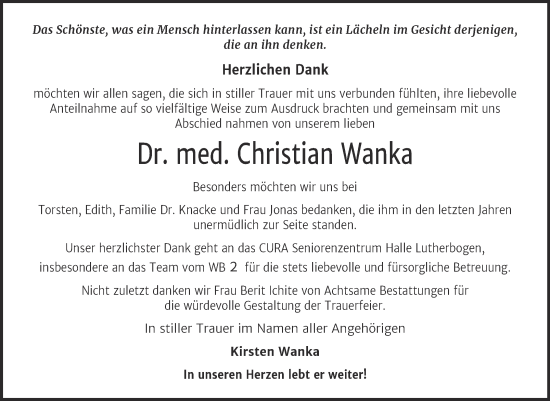 Traueranzeige von Christian Wanka von Mitteldeutsche Zeitung Halle/Saalkreis