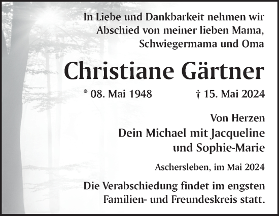 Traueranzeige von Christiane Gärtner von Mitteldeutsche Zeitung Aschersleben