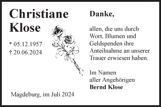 Traueranzeige von Christiane Klose von Volksstimme Magdeburg