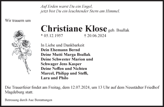 Traueranzeige von Christiane Klose von Volksstimme Magdeburg