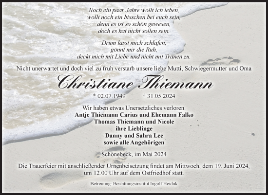 Traueranzeige von Christiane Thiemann von Volksstimme Schönebeck