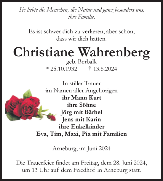 Traueranzeige von Christiane Wahrenberg von Volksstimme Altmark Ost