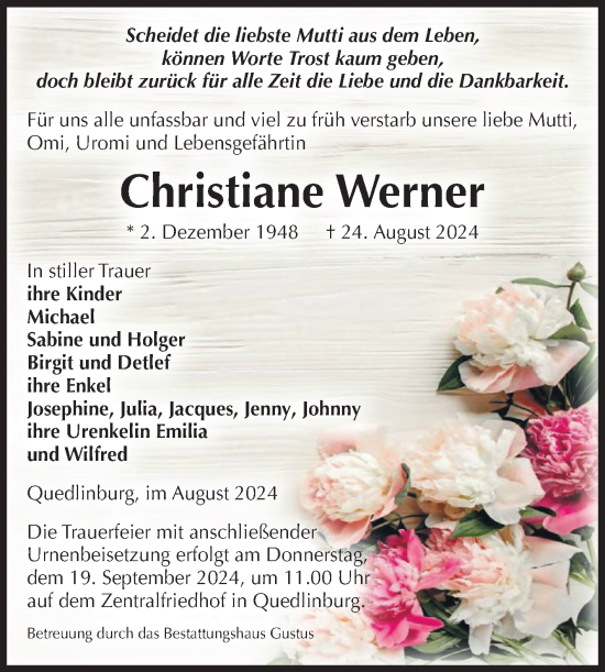 Traueranzeige von Christiane Werner von Mitteldeutsche Zeitung Aschersleben