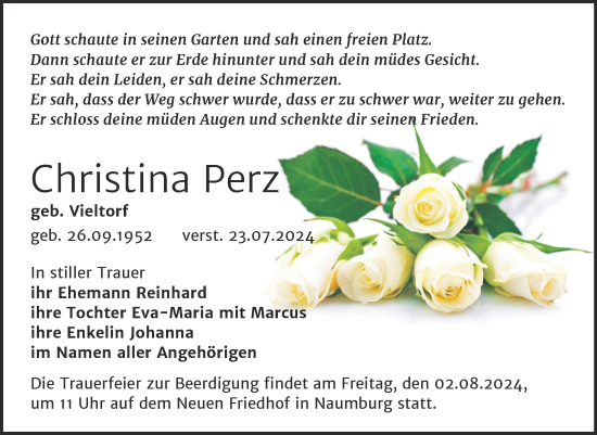 Traueranzeige von Christina Perz von Naumburger Tageblatt
