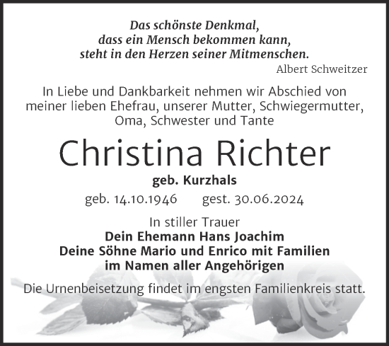 Traueranzeige von Christina Richter von Trauerkombi Merseburg