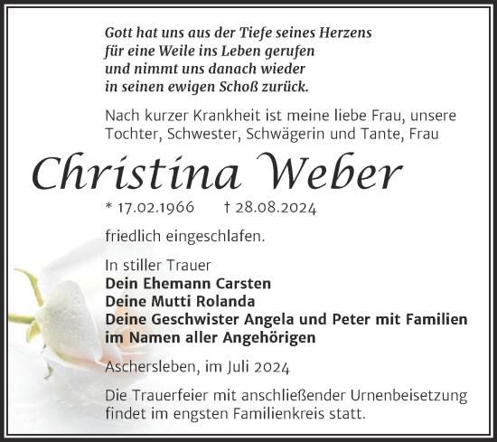 Traueranzeige von Christina Weber von Trauerkombi Aschersleben