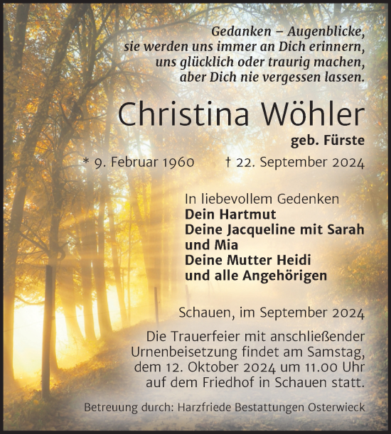 Traueranzeige von Christina Wöhler von Volksstimme Halberstadt
