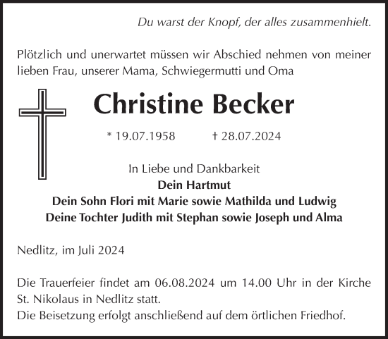 Traueranzeige von Christine Becker 