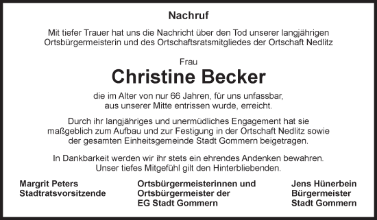 Traueranzeige von Christine Becker von Volksstimme Burg/Genthin
