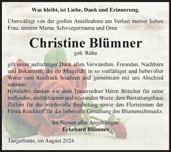Traueranzeige von Christine Blümner von Volksstimme Altmark Ost