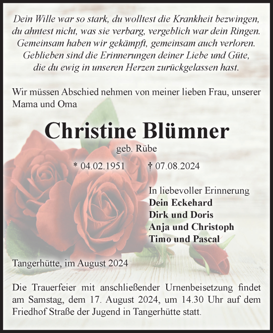 Traueranzeige von Christine Blümner von Volksstimme Altmark Ost