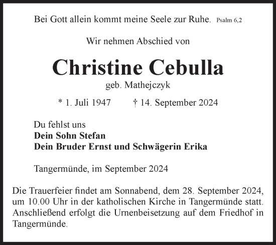 Traueranzeige von Christine Cebulla von Volksstimme Altmark Ost