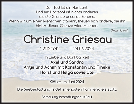 Traueranzeige von Christine Griesau von Volksstimme Altmark West