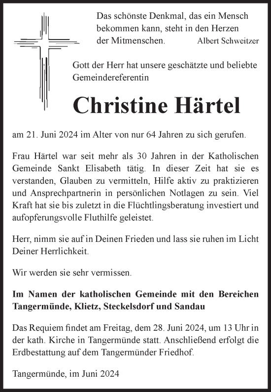Traueranzeige von Christine Härtel von Volksstimme Altmark Ost