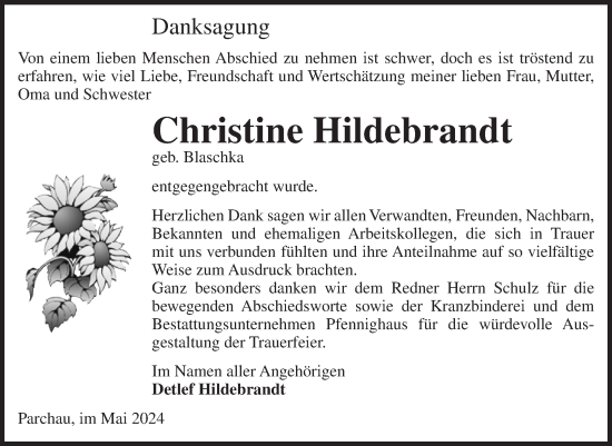 Traueranzeige von Christine Hildebrandt von Volksstimme Burg/Genthin