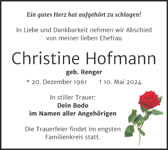 Traueranzeige von Christine Hofmann von Trauerkombi Dessau