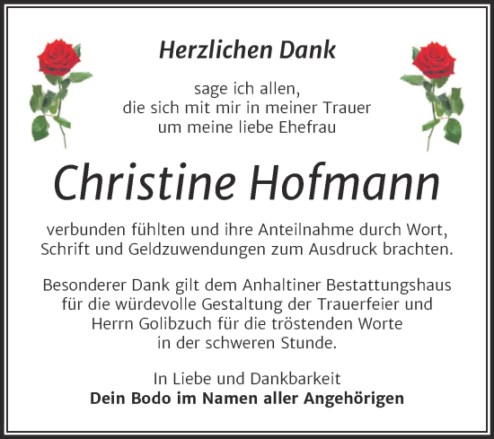 Traueranzeige von Christine Hofmann von Trauerkombi Dessau