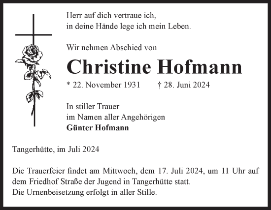 Traueranzeige von Christine Hofmann von Volksstimme Altmark Ost