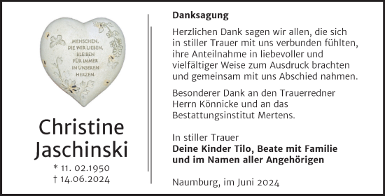 Traueranzeige von Christine Jaschinski von Naumburger Tageblatt