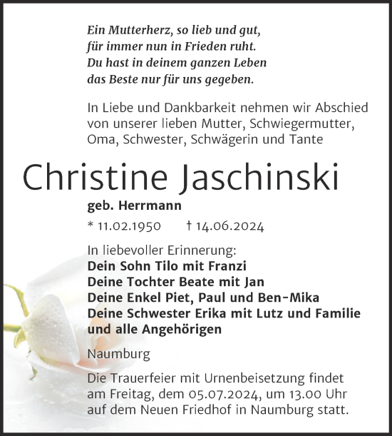 Traueranzeige von Christine Jaschinski von Naumburger Tageblatt