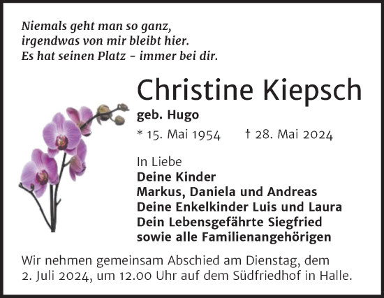 Traueranzeige von Christine Kiepsch von Mitteldeutsche Zeitung Halle/Saalkreis