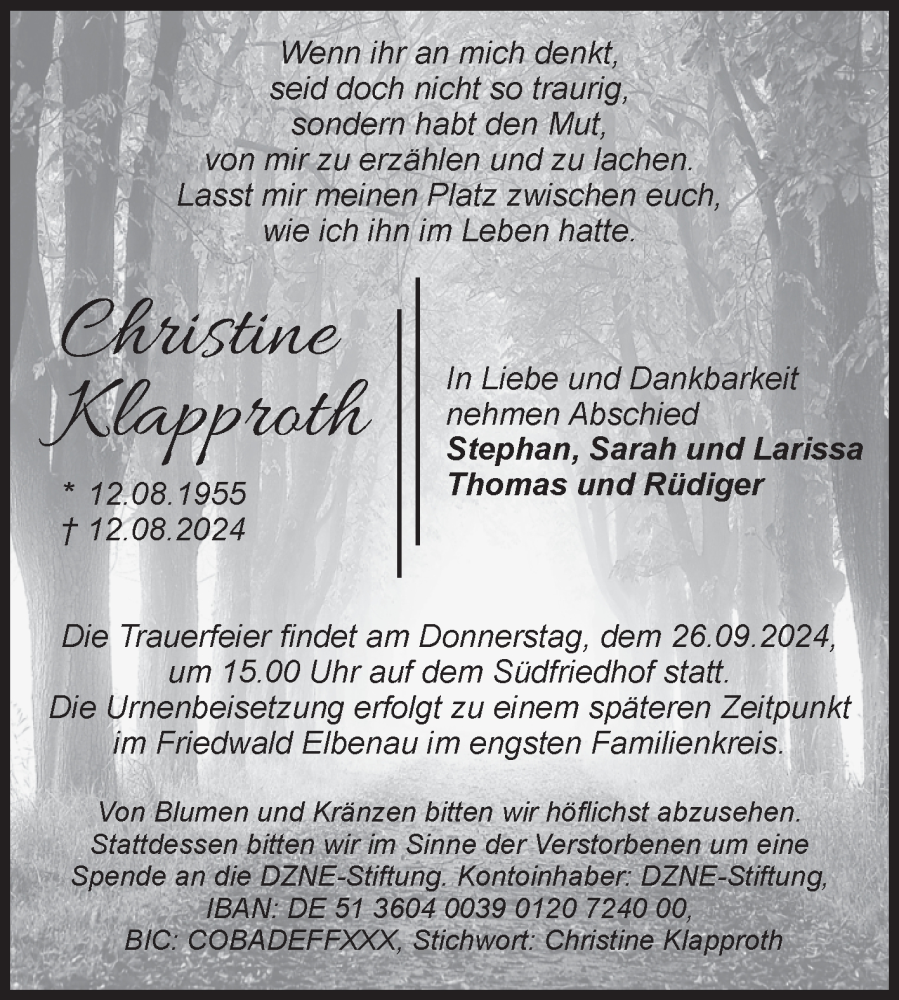  Traueranzeige für Christine Klapproth vom 14.09.2024 aus Volksstimme Magdeburg