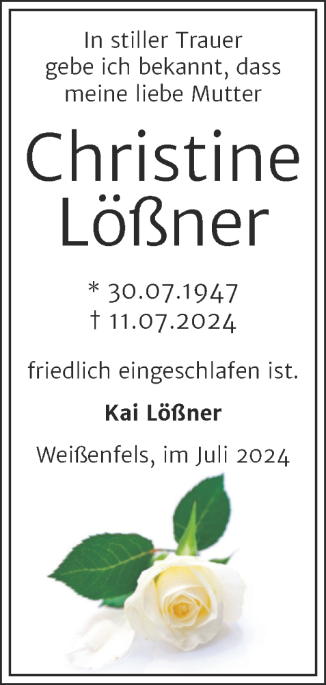 Traueranzeige von Christine Lößner von Trauerkombi Weißenfels