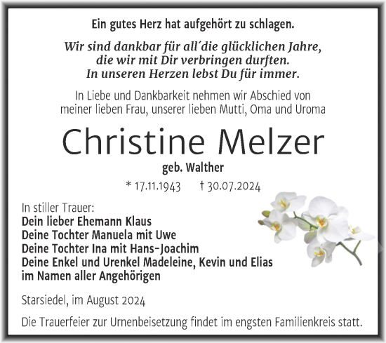 Traueranzeige von Christine Melzer von Trauerkombi Weißenfels