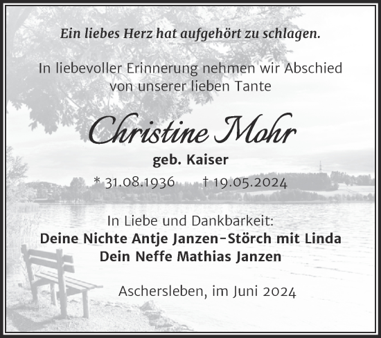 Traueranzeige von Christine Mohr von Trauerkombi Aschersleben