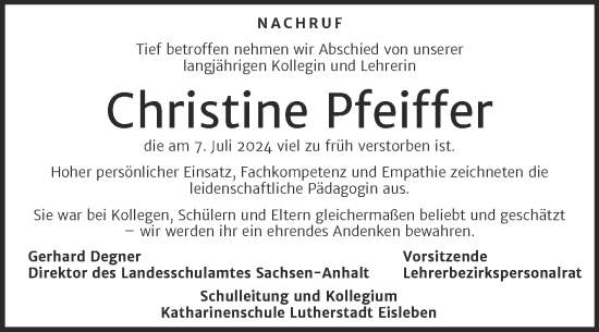 Traueranzeige von Christine Pfeiffer von Super Sonntag Mansfelder Land