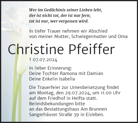 Traueranzeige von Christine Pfeiffer von Trauerkombi Mansfelder Land