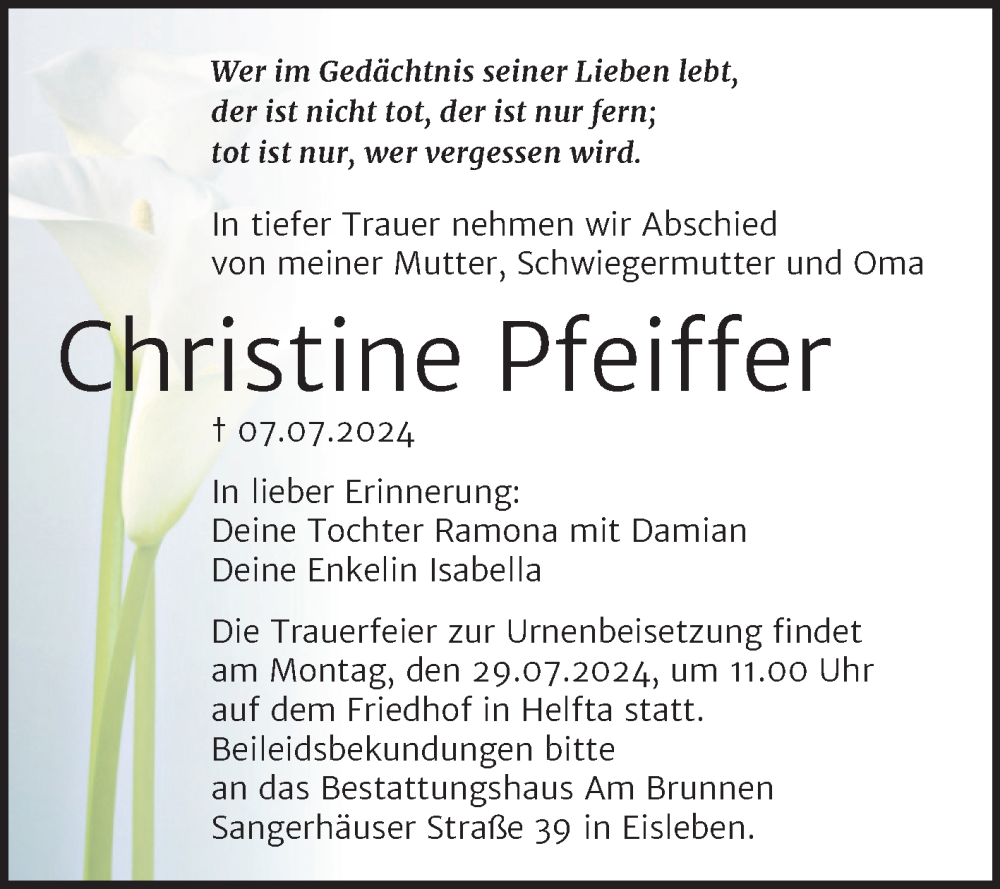  Traueranzeige für Christine Pfeiffer vom 20.07.2024 aus Trauerkombi Mansfelder Land