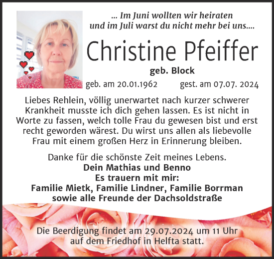 Traueranzeige von Christine Pfeiffer von Trauerkombi Mansfelder Land