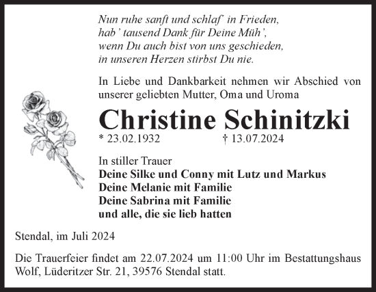 Traueranzeige von Christine Schinitzki von Volksstimme Altmark Ost