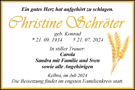 Traueranzeige von Christine Schröter von Trauerkombi Sangerhausen