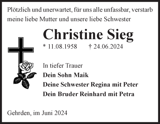 Traueranzeige von Christine Sieg von Volksstimme Zerbst