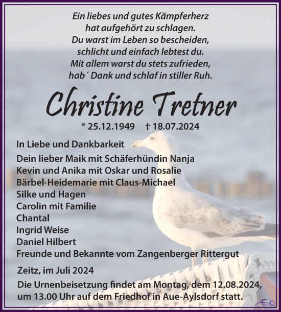 Traueranzeige von Christine Tretner von Trauerkombi Zeitz