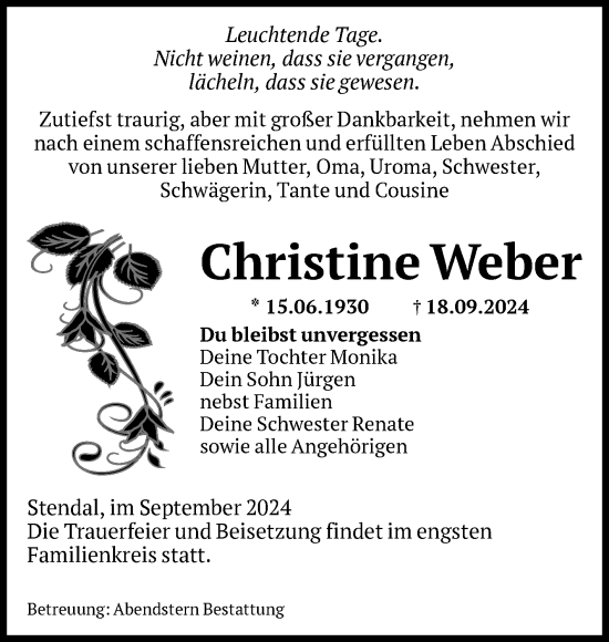 Traueranzeige von Christine Weber von Volksstimme Altmark Ost