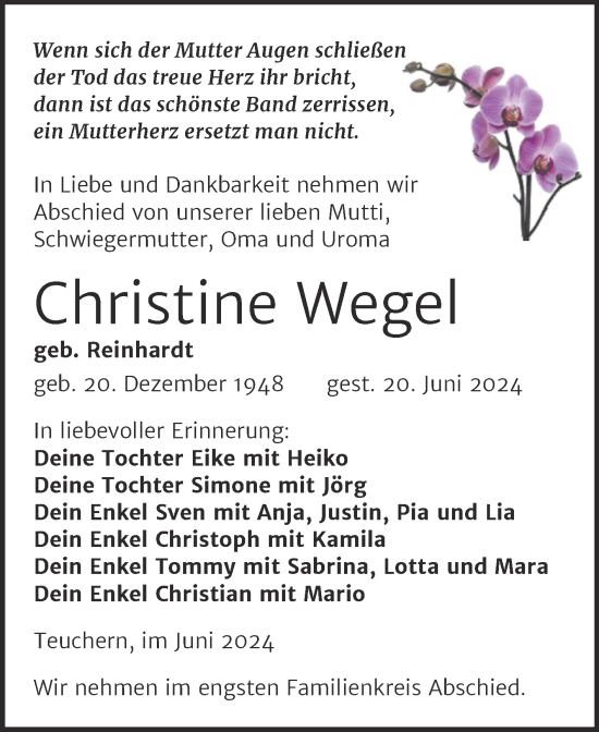 Traueranzeige von Christine Wegel von Trauerkombi Weißenfels