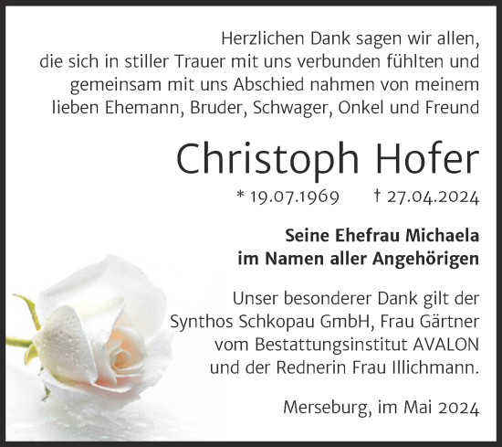 Traueranzeige von Christoph Hofer von Trauerkombi Merseburg