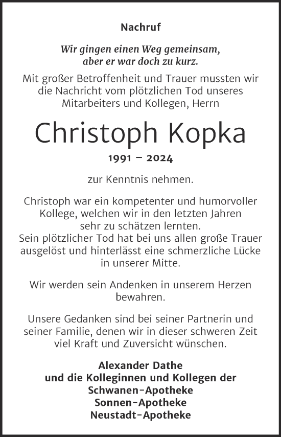Traueranzeige von Christoph Kopka von Super Sonntag Zeitz